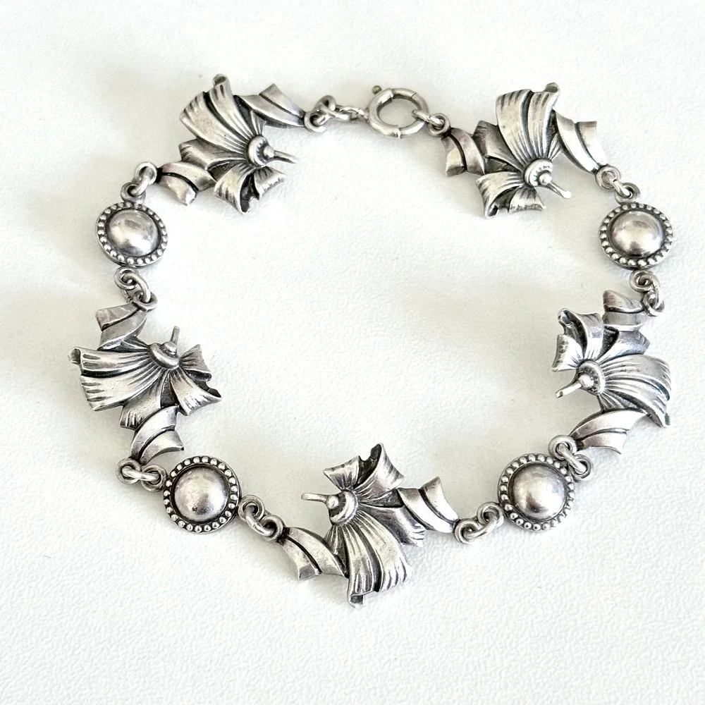 Vintage 925 Sterling Silver Floral Ribbon Design Unique Chain Link Bracelet 7.5